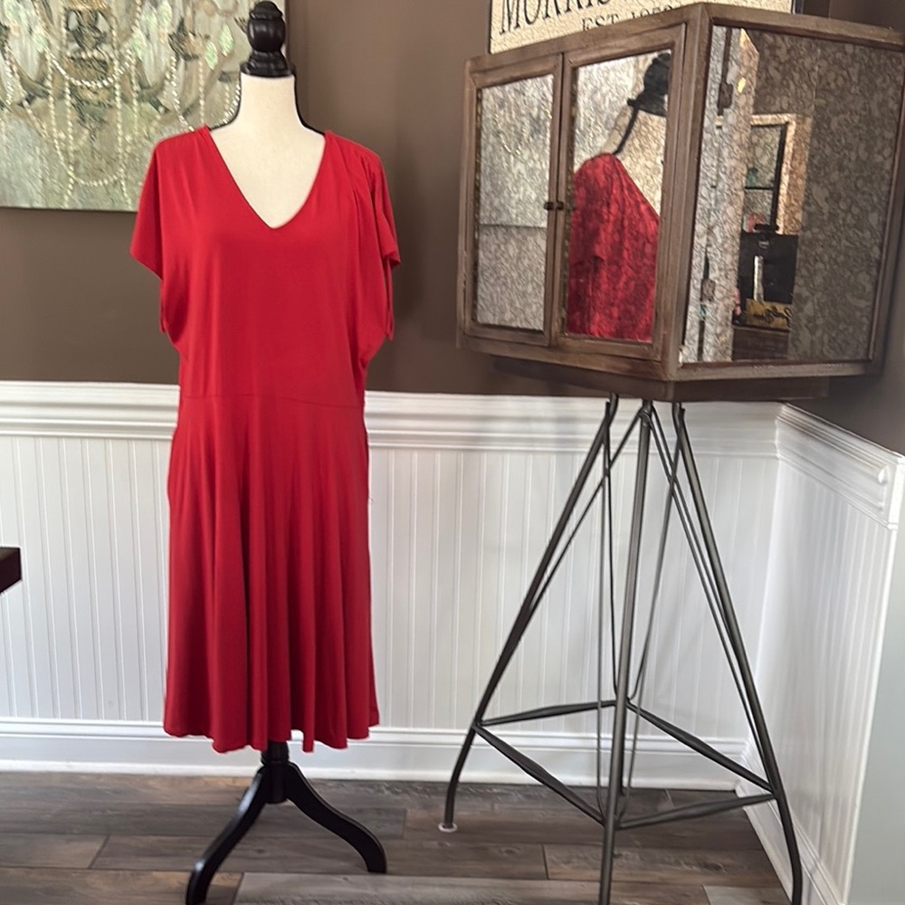 Betabrand Red Dolman Sleeve Midi Dress with pockets